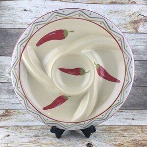 Alco SOUTH WEST CHILI PEPPER Cream Red Green  4 Part 11" Ceramic Chip & Dip Tray
